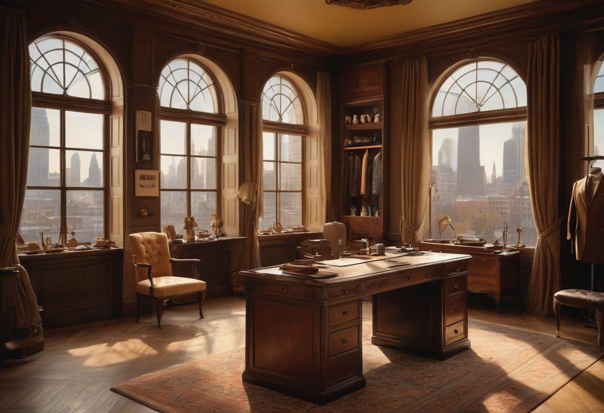 An elegant tailor shop interior showcasing luxurious suits and dresses, with rich fabrics and meticulous detailing. A master tailor is seen crafting a custom outfit, surrounded by warm wood tones and golden accents. Soft, ambient lighting enhances the sophisticated atmosphere, while a window displays a polished cityscape outside. Emphasize the art of tailoring and the beauty of formal wear. super-realistic. vibrant colors. warm tones.