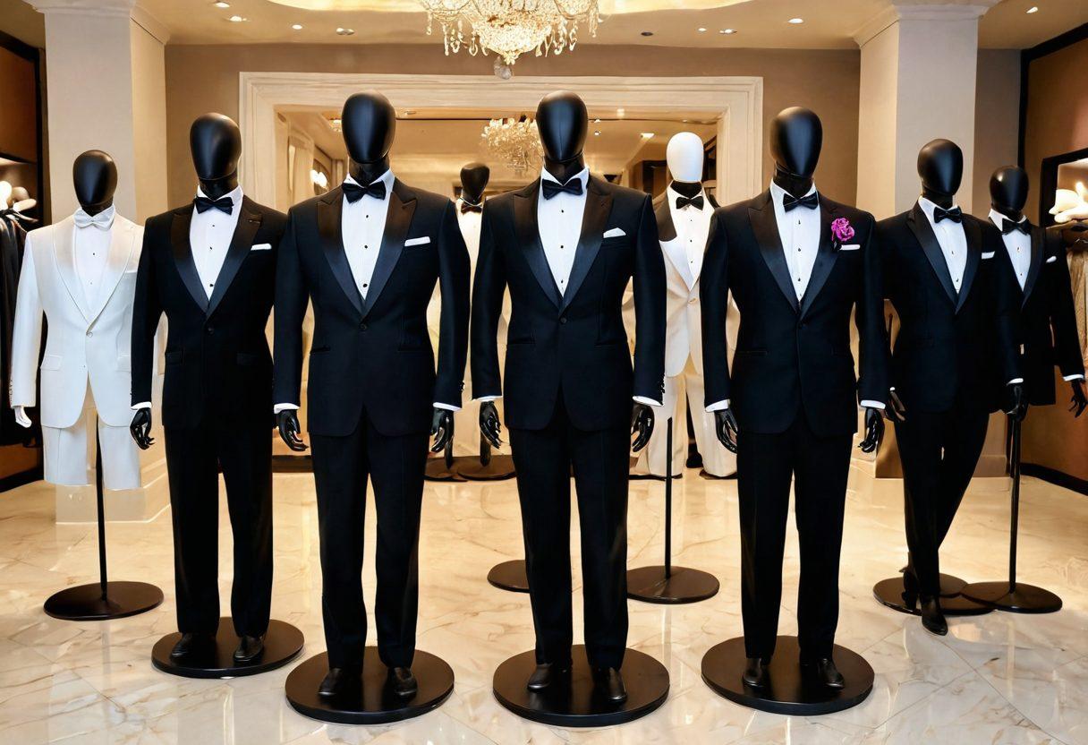 A sophisticated and stylish boutique display showcasing custom tuxedos in a variety of colors and textures, with elegant accessories like bow ties and cufflinks artistically arranged around. A refined background hints at a glamorous evening event, with soft lighting highlighting the luxurious fabrics. Include a stylish mannequin wearing an exquisite black tuxedo, embodying elegance and class. super-realistic. vibrant colors. upscale ambiance.
