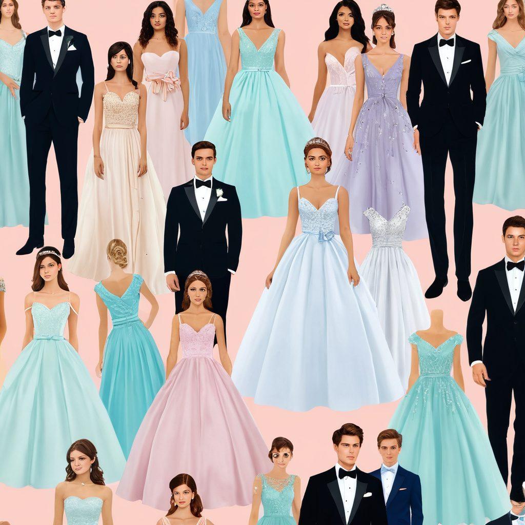 A stylish collage featuring a variety of formal wear options, including elegant wedding gowns, dapper suits, and stunning prom dresses, set against a soft pastel background. Highlight accessories like tiaras, corsages, and bow ties scattered artistically around the outfits. Convey a sense of celebration and sophistication to appeal to the audience's sense of style. soft pastel colors. elegant design. vector art.